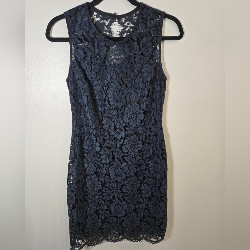Banana Republic Lace Blue Sheath Mini Dress Sleeveless Crew Neck